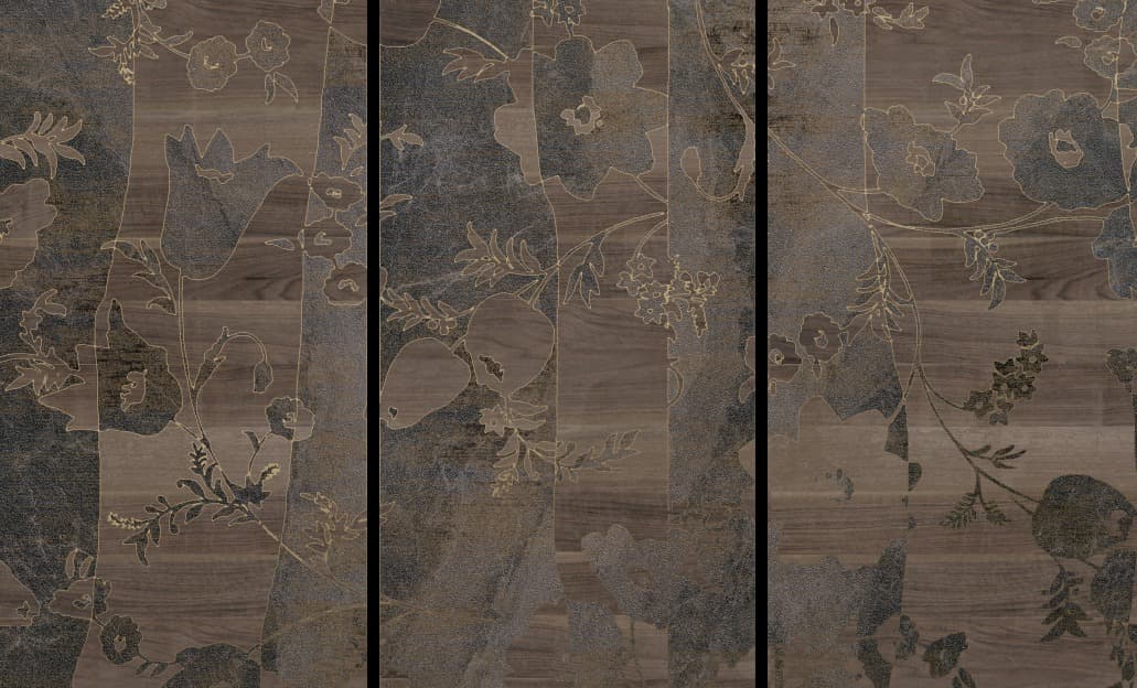 A front view of a wall covered with three large, vertical decorative panels. The panels alternate textures that mimic dark wood with grainy finishes and a golden floral motif that extends across the entire surface, creating a continuous and organic effect.