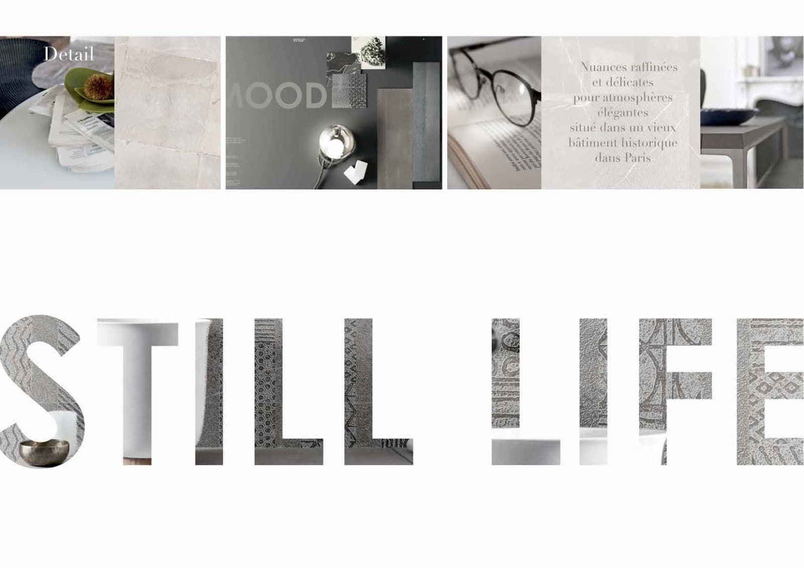 Two sections of a catalog page. The top section is a horizontal collage of images showing material details, an interior image, and a pair of reading glasses resting on a book, with descriptive text. The bottom section has the text "STILL LIFE", where each letter is filled with the texture of a material or tile design.