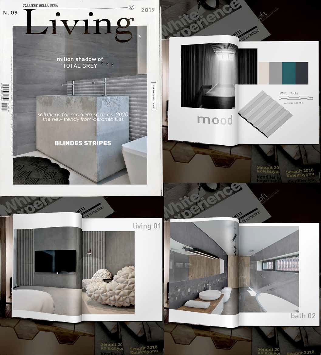 This image is a collage showing four different scenes. At the top left, there is the cover of a magazine titled "Living", which features a minimalist concrete bathroom with the headline "TOTAL GREY". At the top right, there is a magazine spread with the word "mood" and an illustration of a ceiling lighting design, along with a color palette and a material swatch. At the bottom left, another magazine page shows a bedroom with a large bed in fabric and a wall-mounted TV screen. At the bottom right, a magazine cover features a bathroom with a modern sink and a walk-in shower.