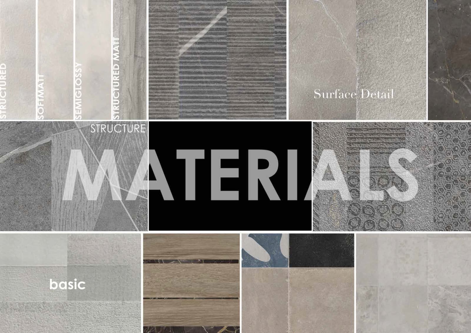 A collage of images divided into three sections: the top row shows four panels comparing different finishes (Structured, Soft Matt, Semi-Glossy, Structured Matt), as well as samples of surface textures and marble details. The middle section is dominated by the word "MATERIALS" on a black background, flanked by samples of geometric designs and complex textures. The bottom row features samples of "basic" materials and wood-imitating finishes.