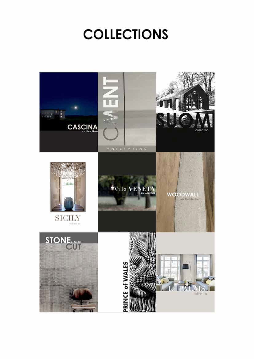 A page featuring nine images that serve as covers for different design collections. Visible titles include: CASCINA, CEMENT, SUOMI, SICILY, Villa VENETA, WOODWALL, STONE CUT, PRINCE of WALES, and PALAIS. Each image has a distinct style and theme, such as nightscapes, architecture, interiors, and textures.