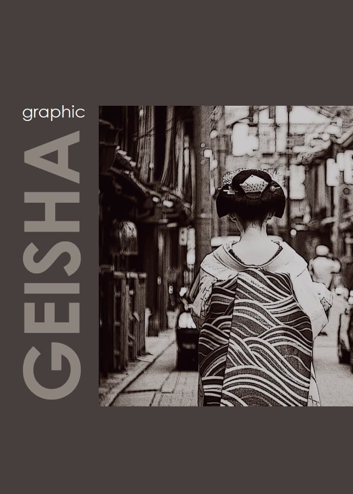 An image taken from behind of a geisha walking down a narrow street, with traditional Japanese architecture visible on the sides. The geisha wears a horizontally striped kimono and a traditional hairstyle. The image is in black and white and is framed by a dark brown background. The word "GEISHA" is written vertically on the left, with the word "graphic" in small letters above it.