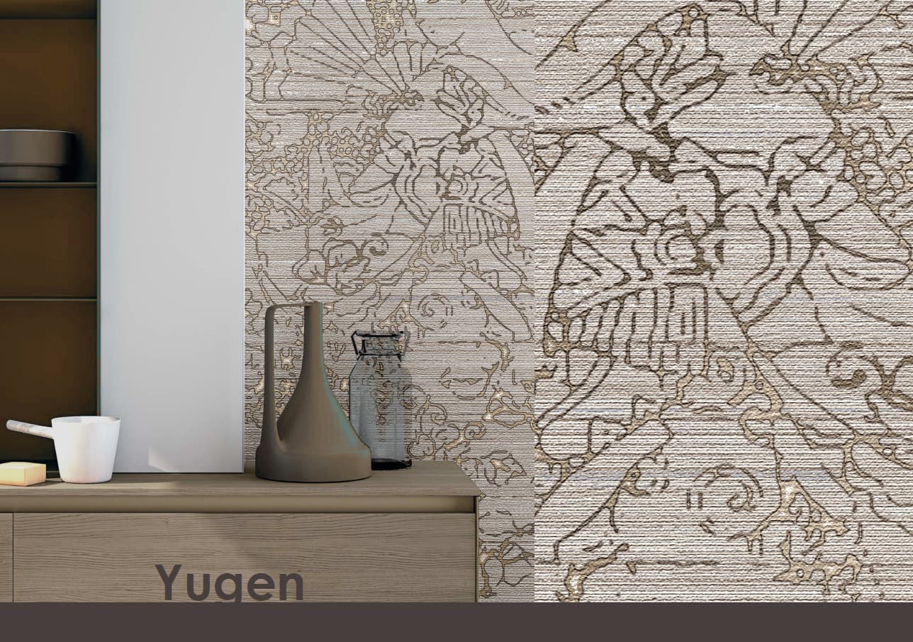 A close-up shot of a modern interior, focusing on a wall covered with tiles.,Light tiles with a fabric-like texture and an elaborate decorative pattern of brown and gold lines. The image also shows a suspended wooden cabinet with two decorative vases, one gray and one glass. The words "Yugen" are featured prominently at the bottom.