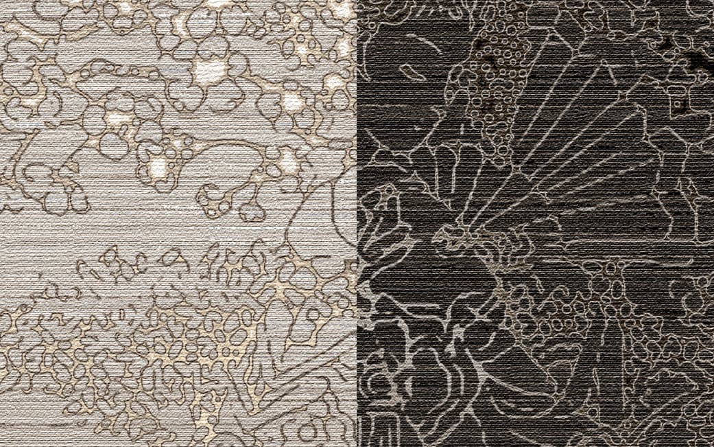 An image split vertically into two parts. Both show a close-up of a material with a fabric-like texture, with the same abstract decorative pattern superimposed. The left side has a light, sand-colored background and brown decorative lines, while the right side has a dark background with the same decorative pattern in a slightly lighter tone.